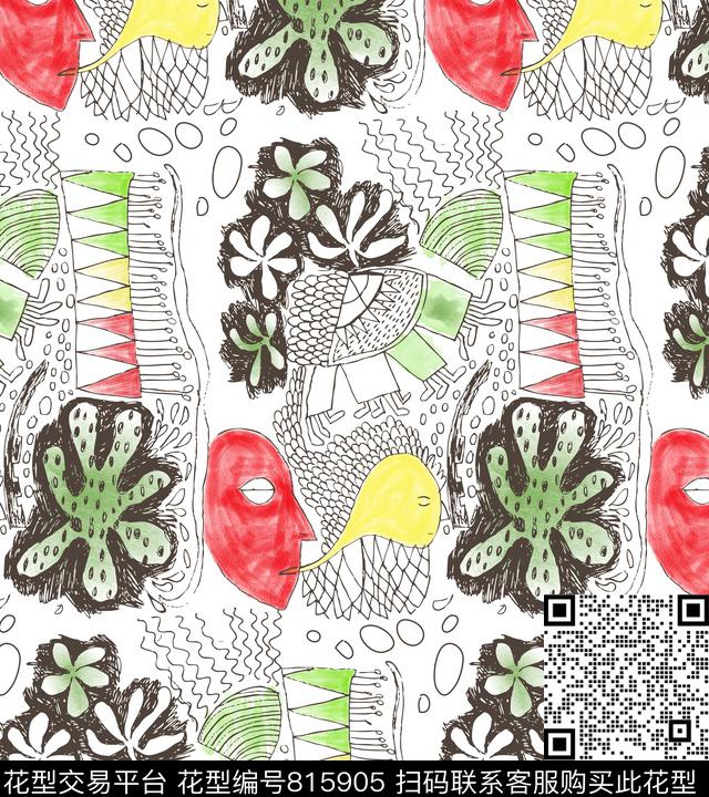 卡通手绘线描传统印花华亿平台下载（图片编号: 815905） - 瓦栏（Walan）