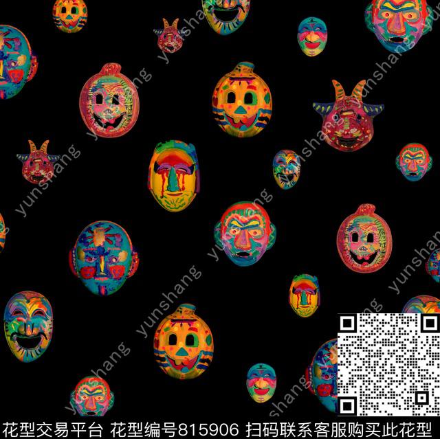 脸谱面具卡通数码印花华亿平台下载（图片编号: 815906） - 瓦栏（Walan）