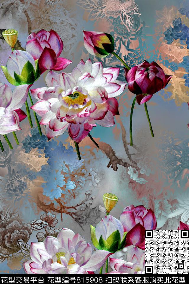 中国风刺绣荷花数码印花华亿平台下载（图片编号: 815908） - 瓦栏（Walan）