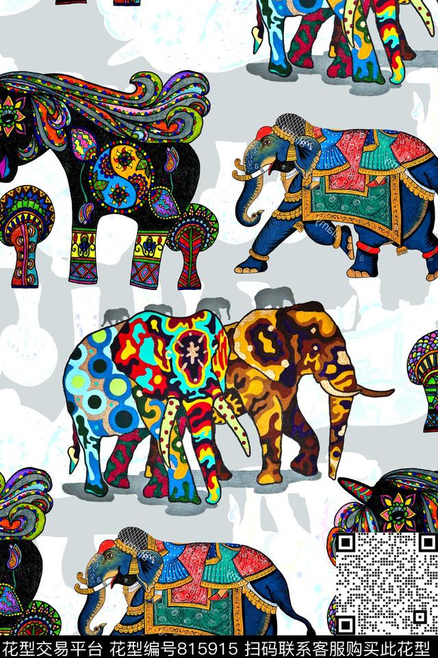 时尚手绘大象数码印花华亿平台下载（图片编号: 815915） - 瓦栏（Walan）