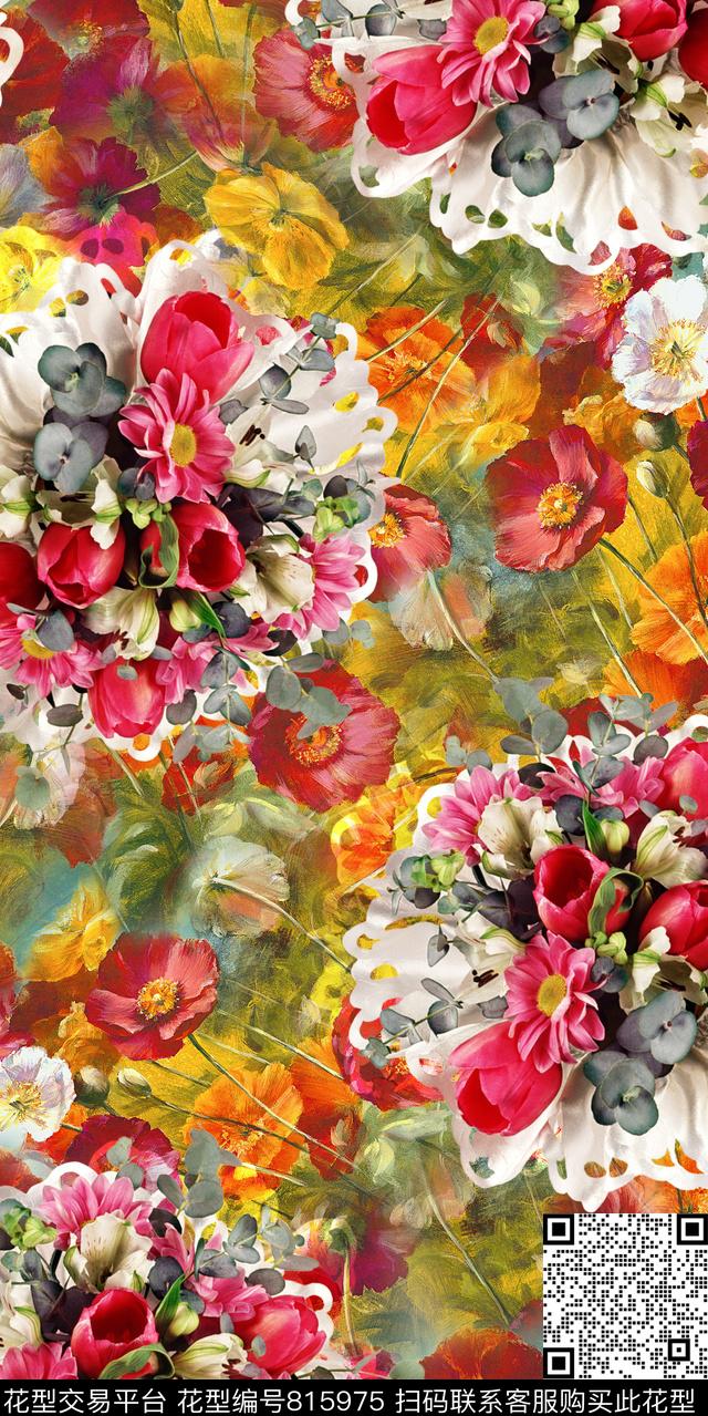 玫瑰牡丹玉兰花数码印花华亿平台下载（图片编号: 815975） - 瓦栏（Walan）