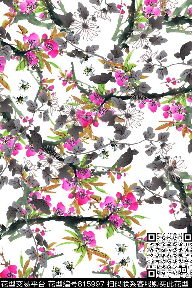 手绘水墨花卉数码印花华亿平台下载（图片编号: 815997） - 瓦栏（Walan）