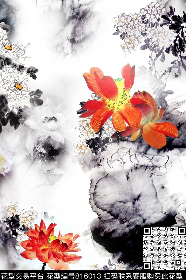 中国风荷花水墨数码印花华亿平台下载（图片编号: 816013） - 瓦栏（Walan）