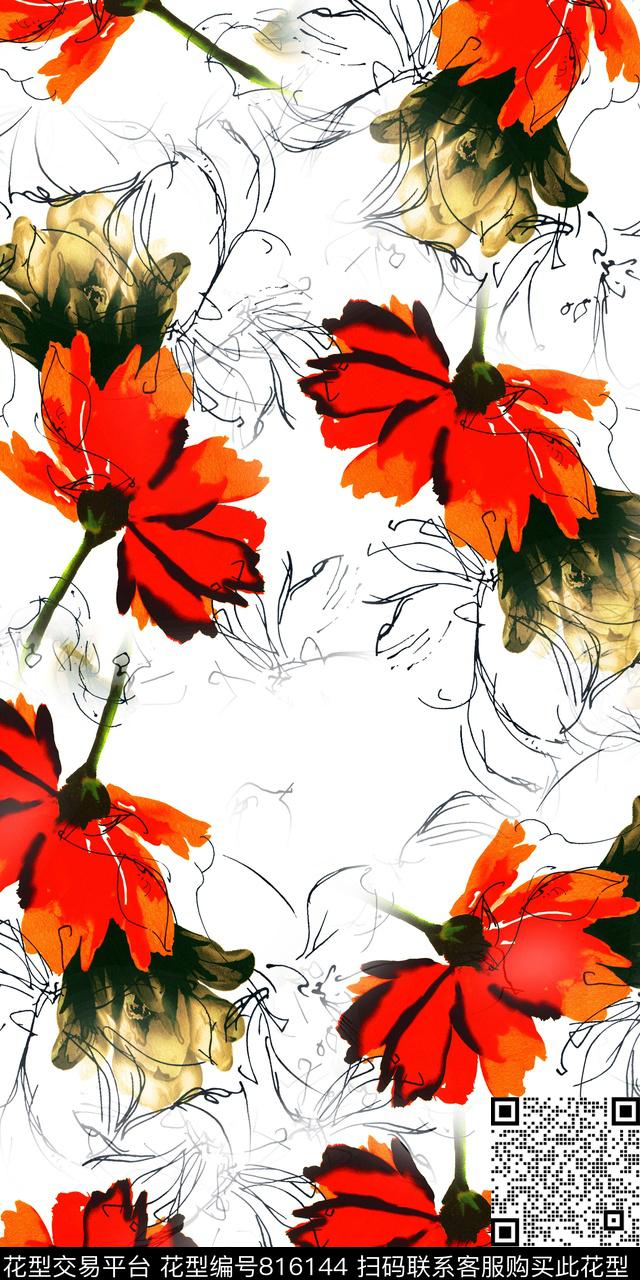 花卉水彩手绘数码印花华亿平台下载（图片编号: 816144） - 瓦栏（Walan）