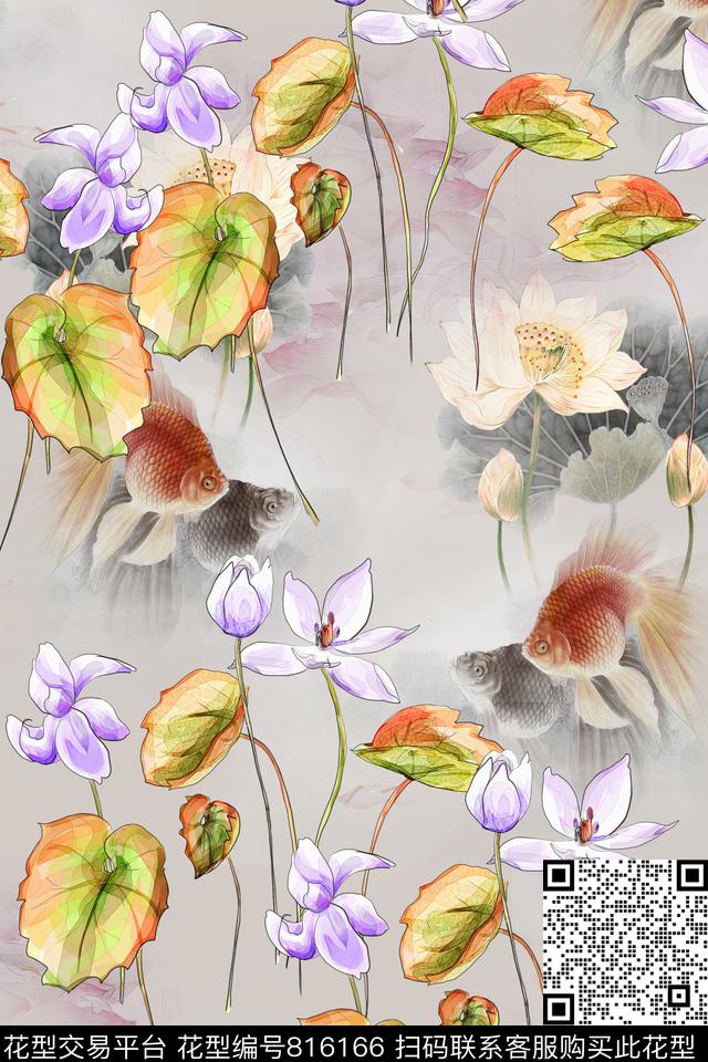 中国风花卉荷花数码印花华亿平台下载（图片编号: 816166） - 瓦栏（Walan）