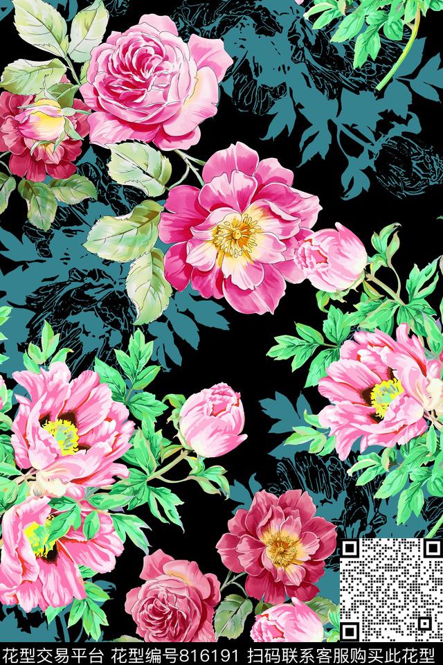 月季花芍药花时尚花卉组合数码印花华亿平台下载（图片编号: 816191） - 瓦栏（Walan）