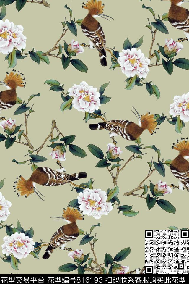 牡丹花鸟花朵数码印花华亿平台下载（图片编号: 816193） - 瓦栏（Walan）