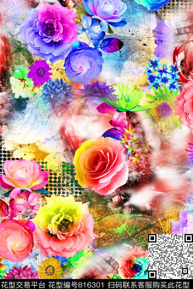 乱花桃花大花数码印花华亿平台下载（图片编号: 816301） - 瓦栏（Walan）