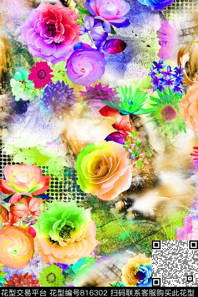 乱花桃花大花数码印花华亿平台下载（图片编号: 816302） - 瓦栏（Walan）