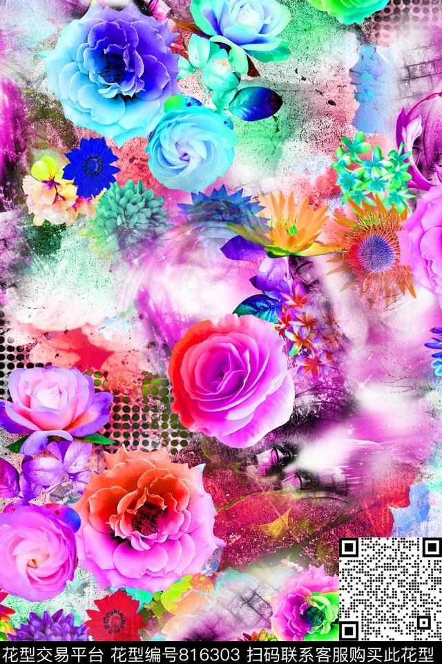 乱花桃花大花数码印花华亿平台下载（图片编号: 816303） - 瓦栏（Walan）