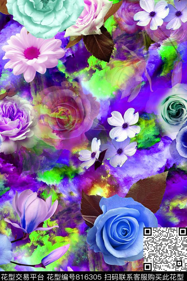 桃花大花花卉数码印花华亿平台下载（图片编号: 816305） - 瓦栏（Walan）