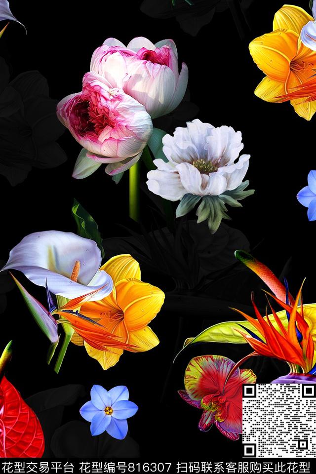 大花荷花兰花数码印花华亿平台下载（图片编号: 816307） - 瓦栏（Walan）