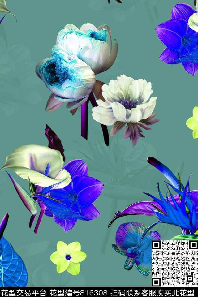 大花荷花兰花数码印花华亿平台下载（图片编号: 816308） - 瓦栏（Walan）