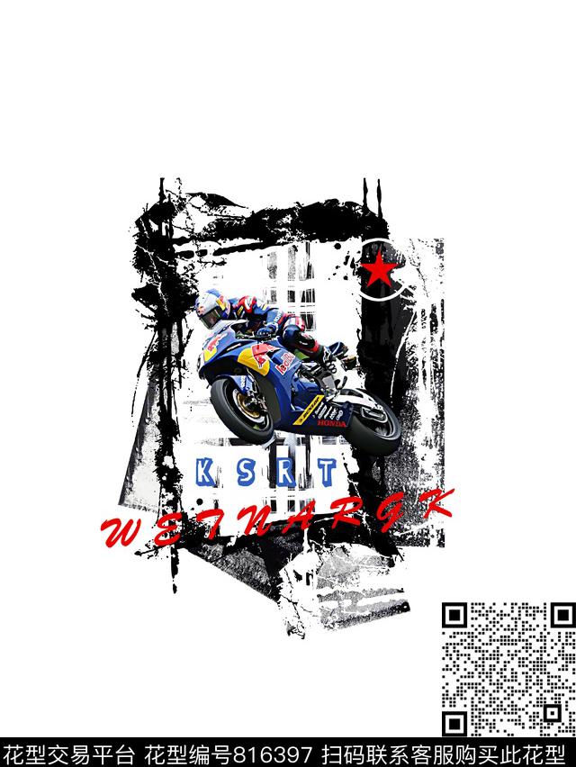 摩托车几何纹理男装T恤华亿平台数码印花华亿平台下载（图片编号: 816397） - 瓦栏（Walan）