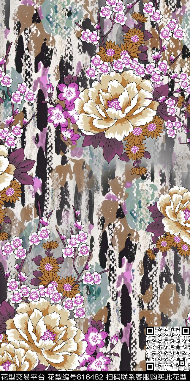 复古花卉植物数码印花华亿平台下载（图片编号: 816482） - 瓦栏（Walan）