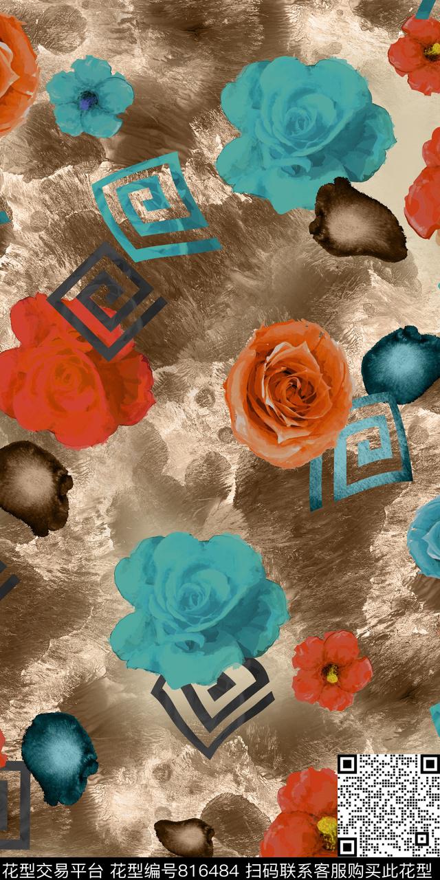 复古花朵几何数码印花华亿平台下载（图片编号: 816484） - 瓦栏（Walan）