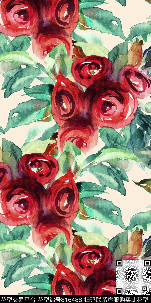 复古花卉玫瑰数码印花华亿平台下载（图片编号: 816488） - 瓦栏（Walan）