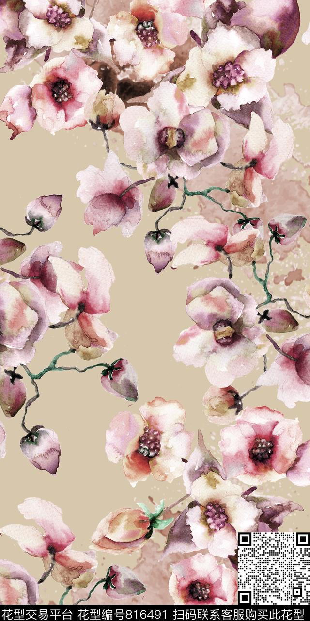 复古花卉水彩数码印花华亿平台下载（图片编号: 816491） - 瓦栏（Walan）