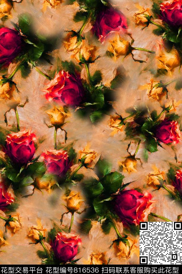 女装写意手绘玫瑰花散花油画手法。满版。数码印花华亿平台下载（图片编号: 816536） - 瓦栏（Walan）