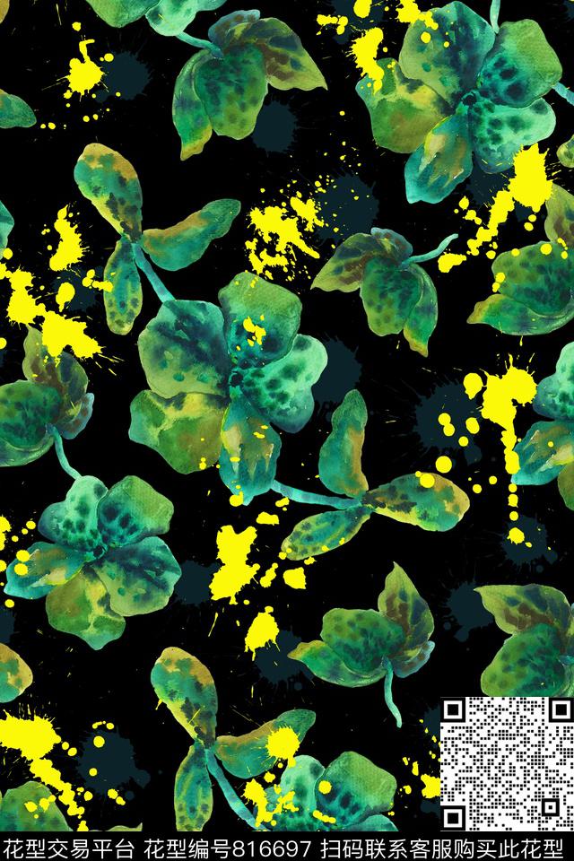 水彩花卉泼墨夏日数码印花华亿平台下载（图片编号: 816697） - 瓦栏（Walan）