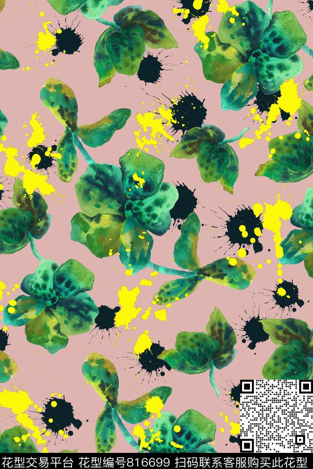 水彩花卉泼墨夏日数码印花华亿平台下载（图片编号: 816699） - 瓦栏（Walan）