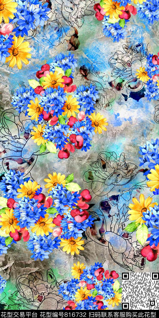 纹理抽象花卉数码印花华亿平台下载（图片编号: 816732） - 瓦栏（Walan）