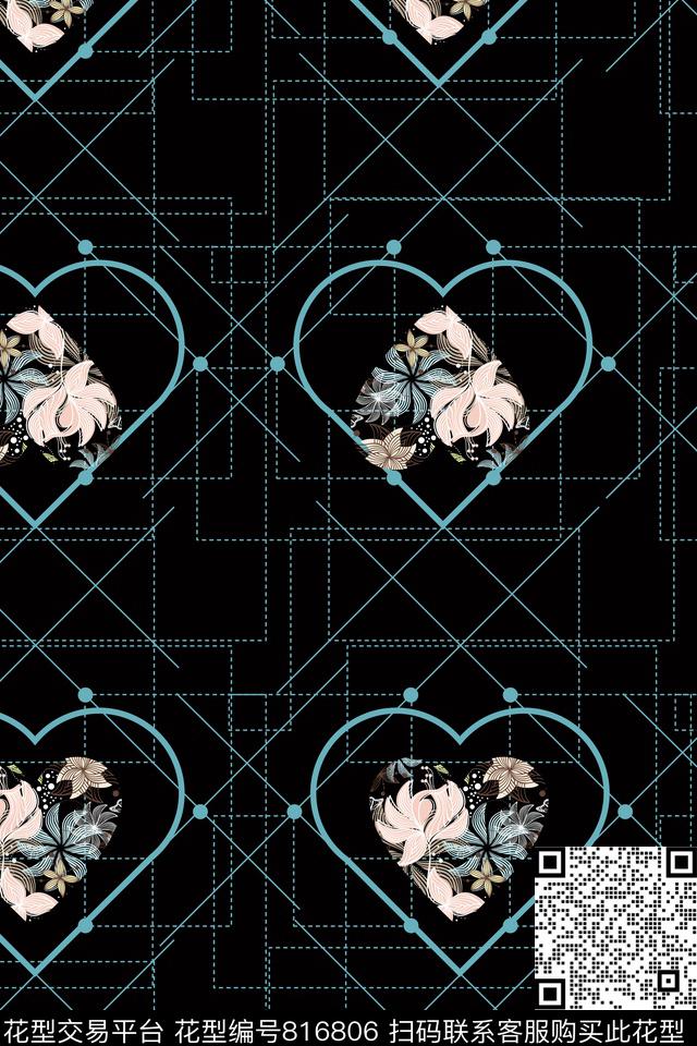 爱心几何线条传统印花华亿平台下载（图片编号: 816806） - 瓦栏（Walan）