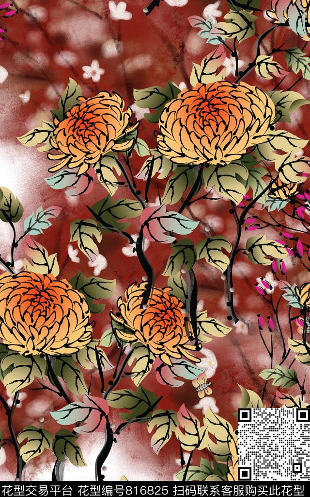 菊花水墨肌理数码印花华亿平台下载（图片编号: 816825） - 瓦栏（Walan）