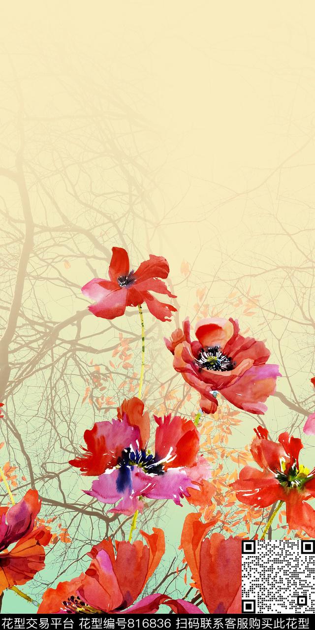 水彩花卉手绘数码印花华亿平台下载（图片编号: 816836） - 瓦栏（Walan）