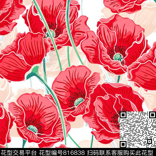 花朵花卉罂粟花传统印花华亿平台下载（图片编号: 816838） - 瓦栏（Walan）