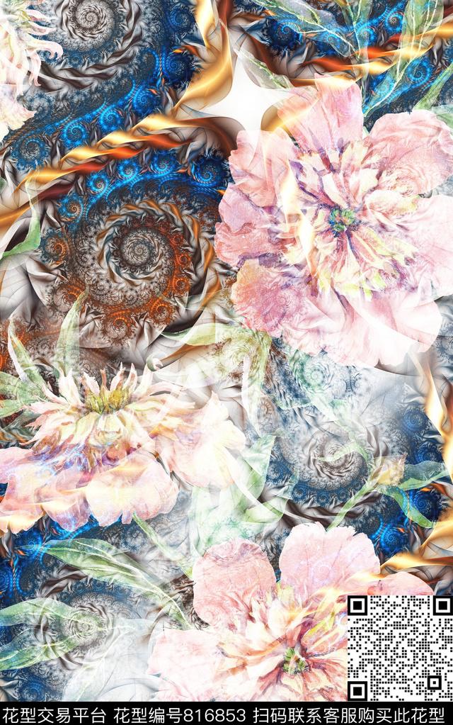 水彩花卉色彩数码印花华亿平台下载（图片编号: 816853） - 瓦栏（Walan）