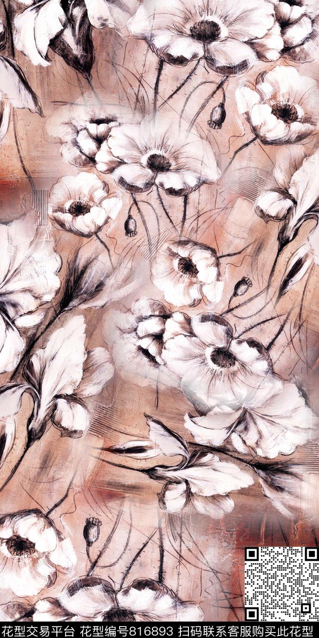 花卉手绘水彩数码印花华亿平台下载（图片编号: 816893） - 瓦栏（Walan）