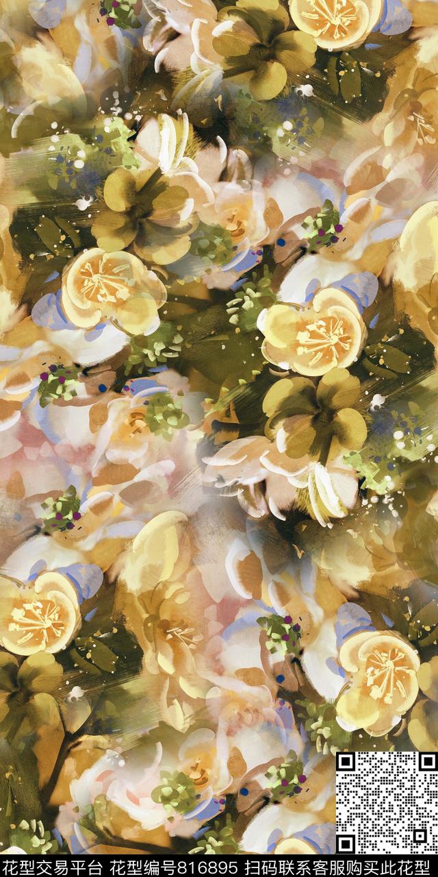 花卉手绘水彩数码印花华亿平台下载（图片编号: 816895） - 瓦栏（Walan）