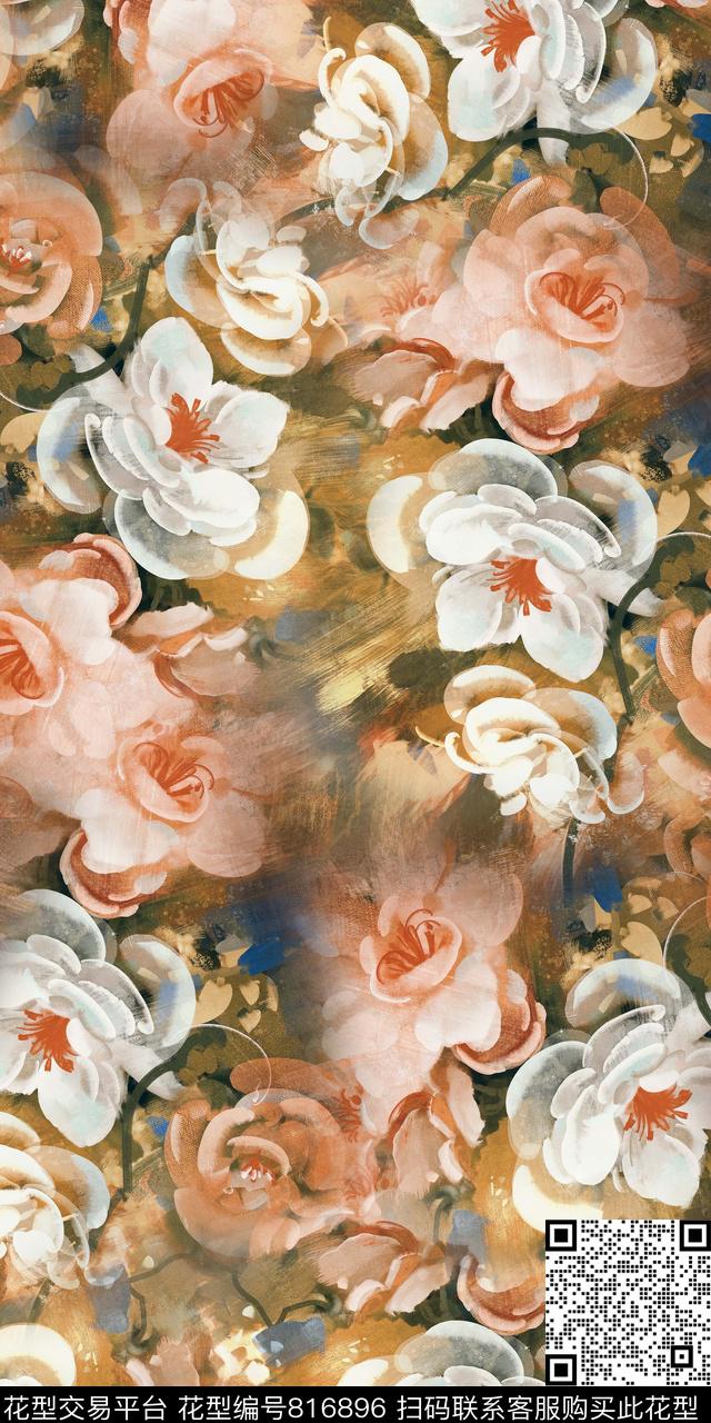 花卉手绘水彩数码印花华亿平台下载（图片编号: 816896） - 瓦栏（Walan）