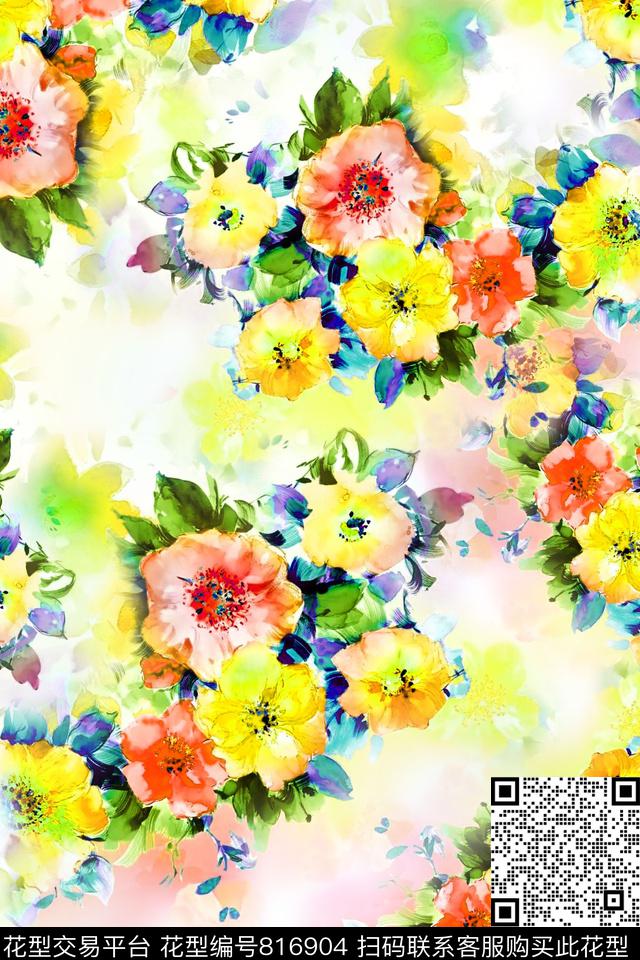手绘花卉水彩花卉花卉数码印花华亿平台下载（图片编号: 816904） - 瓦栏（Walan）