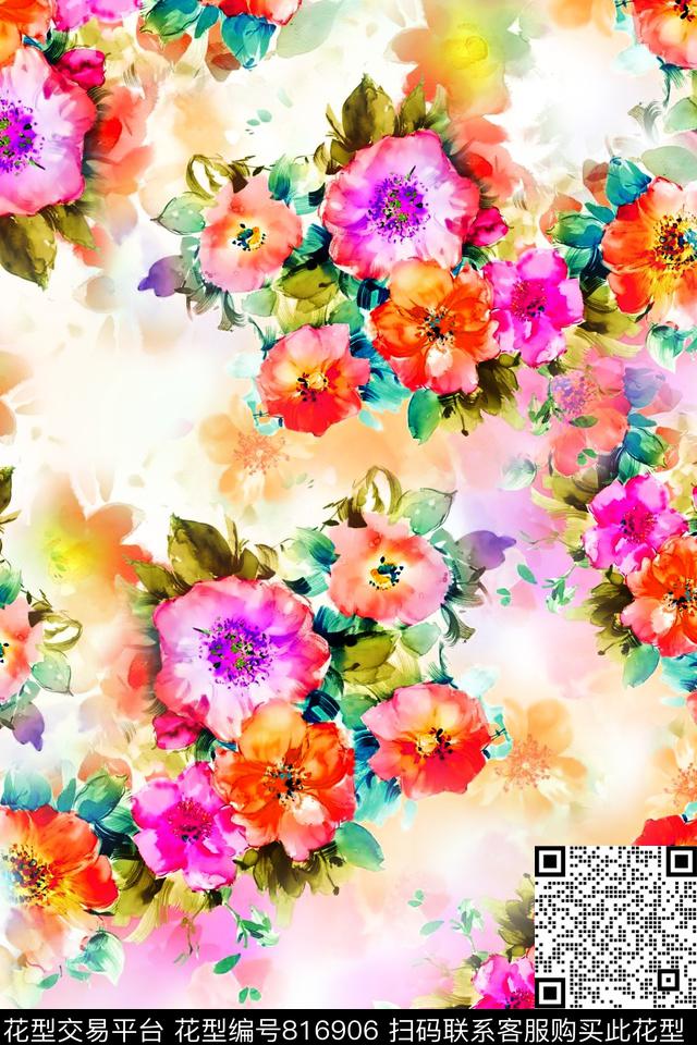 手绘花卉水彩花卉花卉数码印花华亿平台下载（图片编号: 816906） - 瓦栏（Walan）