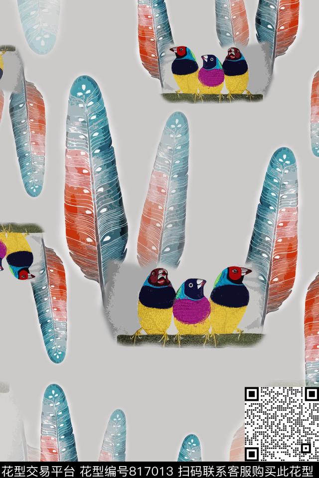 鸟昆虫图案羽毛飘飘羽毛组合数码印花华亿平台下载（图片编号: 817013） - 瓦栏（Walan）