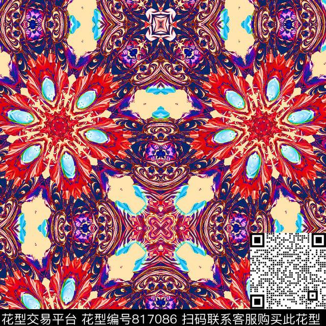 萬花筒鏡像花数码印花华亿平台下载（图片编号: 817086） - 瓦栏（Walan）