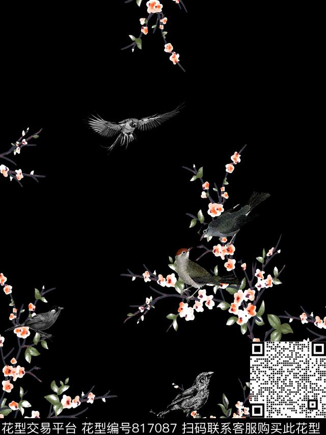花卉树枝飞鸟数码印花华亿平台下载（图片编号: 817087） - 瓦栏（Walan）