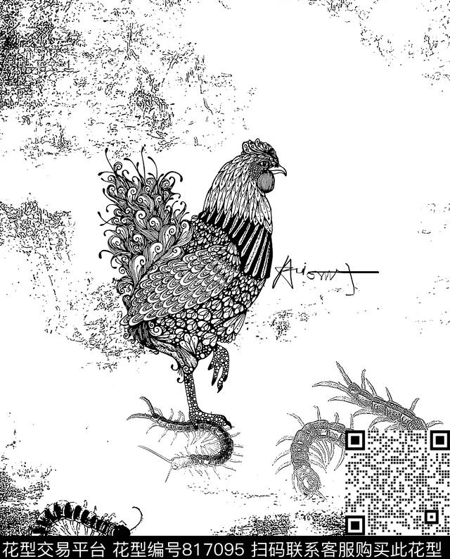 抽象纹理公鸡蜈蚣传统印花华亿平台下载（图片编号: 817095） - 瓦栏（Walan）
