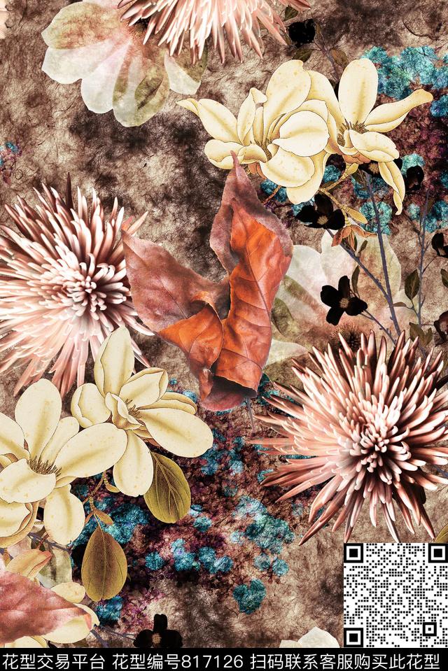 抽象花卉中国风数码印花华亿平台下载（图片编号: 817126） - 瓦栏（Walan）