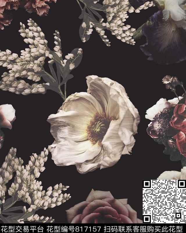 花朵手绘印花男装玫瑰花数码印花华亿平台下载（图片编号: 817157） - 瓦栏（Walan）