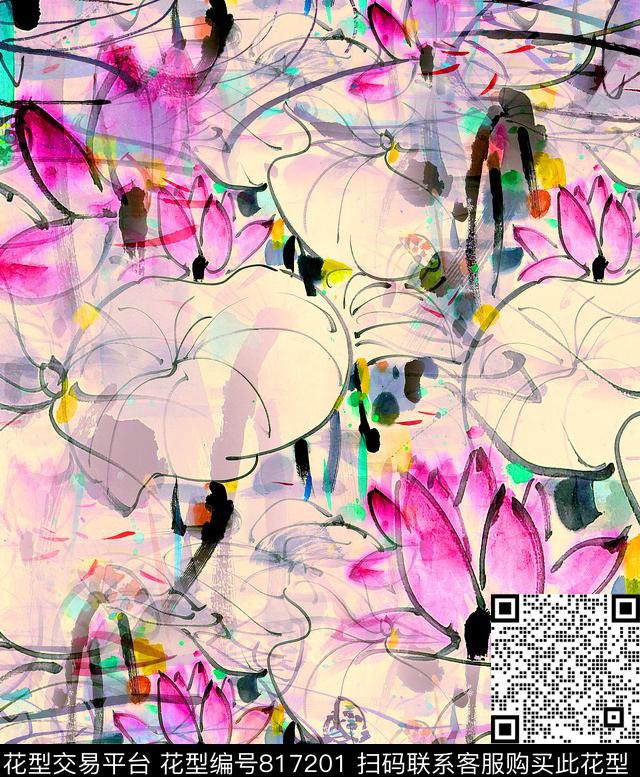 荷花花朵花卉数码印花华亿平台下载（图片编号: 817201） - 瓦栏（Walan）