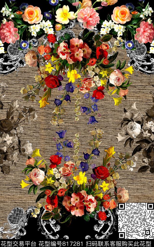时尚手绘花卉数码印花华亿平台下载（图片编号: 817281） - 瓦栏（Walan）