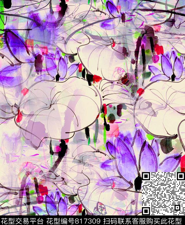 荷花花朵花卉数码印花华亿平台下载（图片编号: 817309） - 瓦栏（Walan）