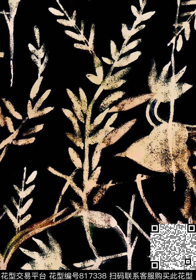 手绘盐染花卉数码印花华亿平台下载（图片编号: 817338） - 瓦栏（Walan）