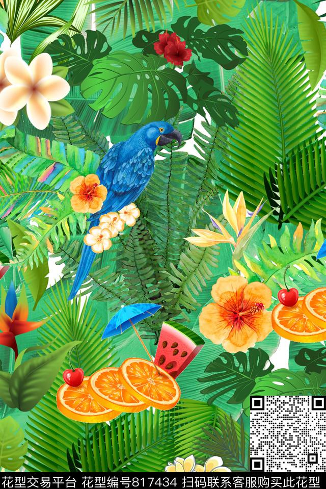 天堂鸟花棕榈叶热带花鸟数码印花华亿平台下载（图片编号: 817434） - 瓦栏（Walan）