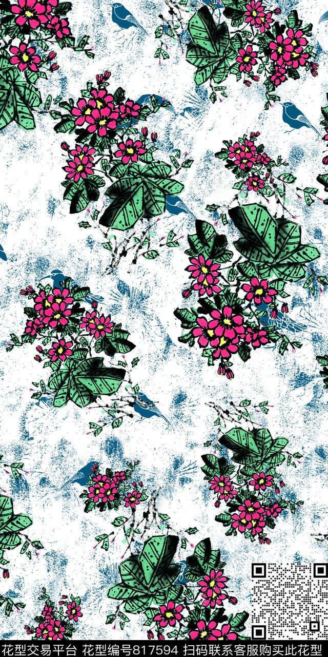 花鸟花朵花卉数码印花华亿平台下载（图片编号: 817594） - 瓦栏（Walan）