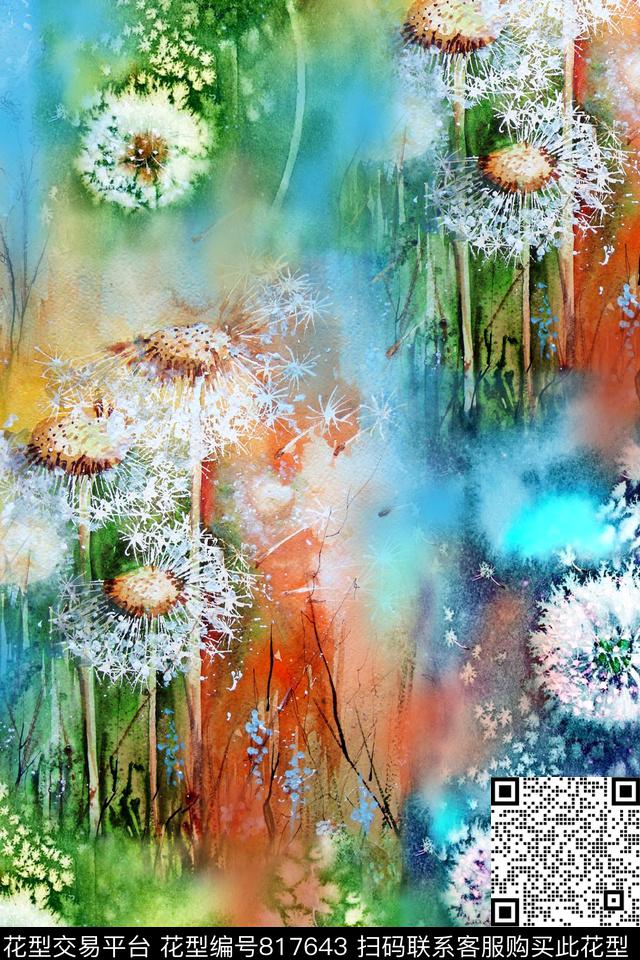 水彩花卉蒲公英数码印花华亿平台下载（图片编号: 817643） - 瓦栏（Walan）