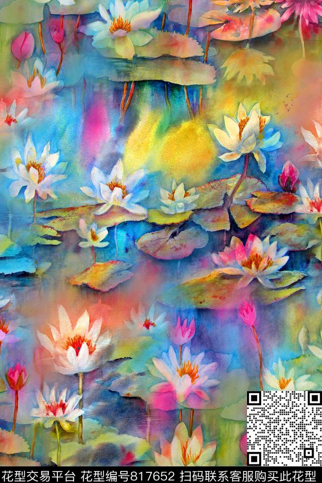 水彩花卉荷花数码印花华亿平台下载（图片编号: 817652） - 瓦栏（Walan）